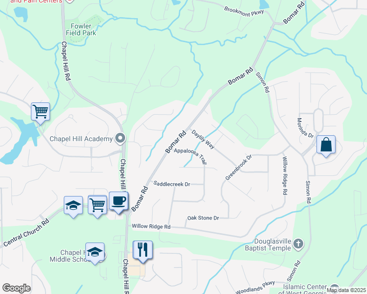 map of restaurants, bars, coffee shops, grocery stores, and more near 3890 Appaloosa Trail in Douglasville