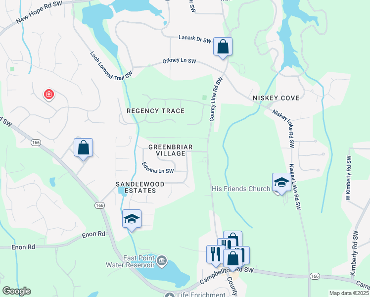 map of restaurants, bars, coffee shops, grocery stores, and more near 4629 Greenbriar Trail Southwest in Atlanta