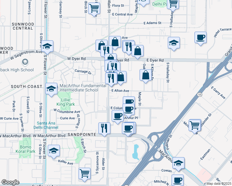 map of restaurants, bars, coffee shops, grocery stores, and more near 130 East Alton Avenue in Santa Ana