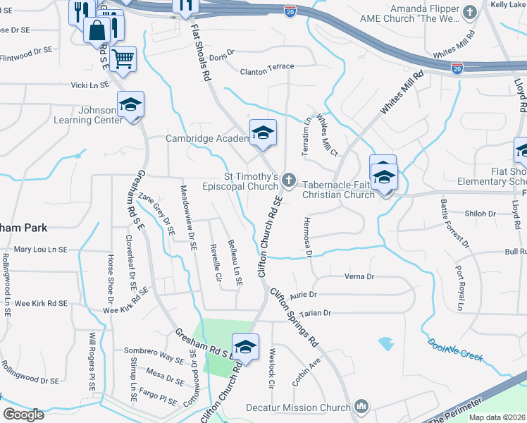 map of restaurants, bars, coffee shops, grocery stores, and more near 2824 Oxford Drive in Decatur