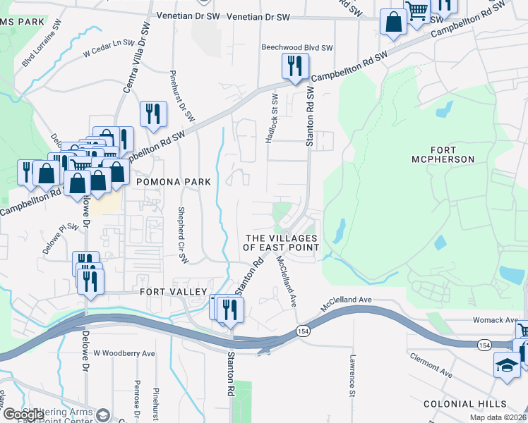 map of restaurants, bars, coffee shops, grocery stores, and more near 1724 Bayrose Circle in East Point