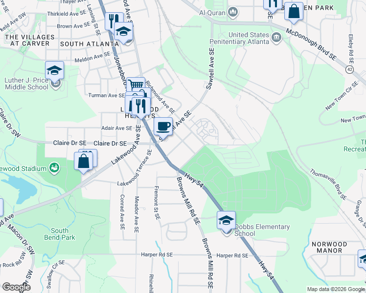 map of restaurants, bars, coffee shops, grocery stores, and more near 373 South Bend Avenue Southeast in Atlanta