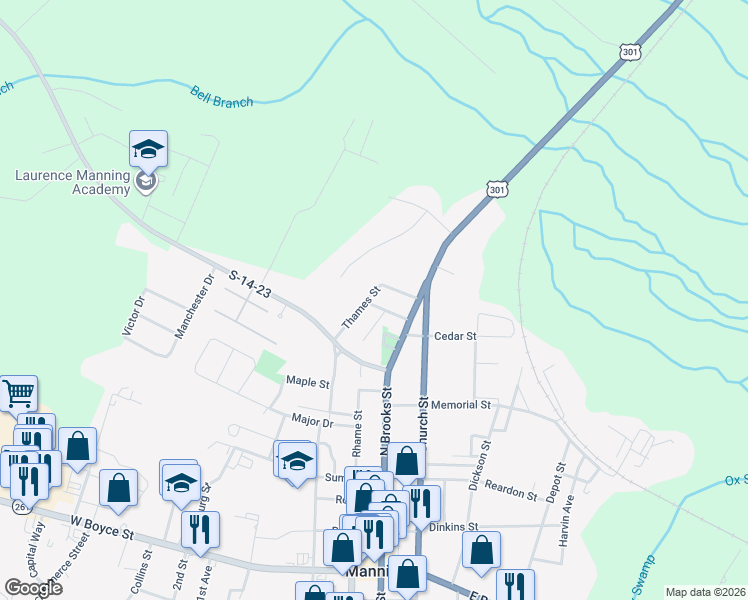 map of restaurants, bars, coffee shops, grocery stores, and more near 17 Pecan Street in Manning