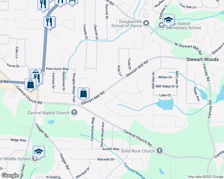 map of restaurants, bars, coffee shops, grocery stores, and more near 5665 Stewart Mill Road in Douglasville