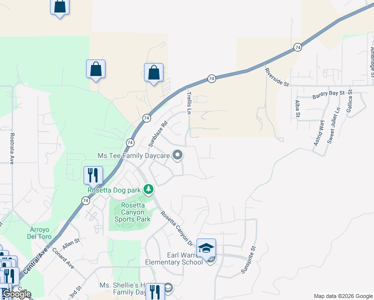 map of restaurants, bars, coffee shops, grocery stores, and more near 45029 Sonia Drive in Lake Elsinore