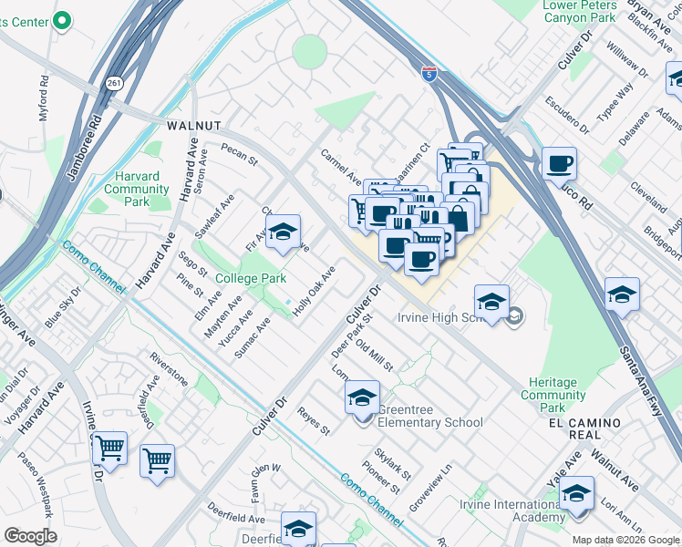 map of restaurants, bars, coffee shops, grocery stores, and more near 14581 Mulberry Avenue in Irvine