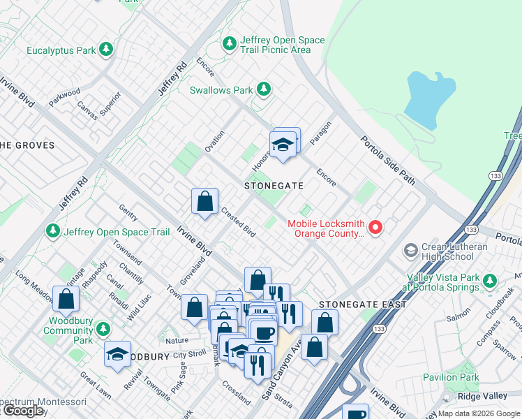 map of restaurants, bars, coffee shops, grocery stores, and more near Larkfield in Irvine