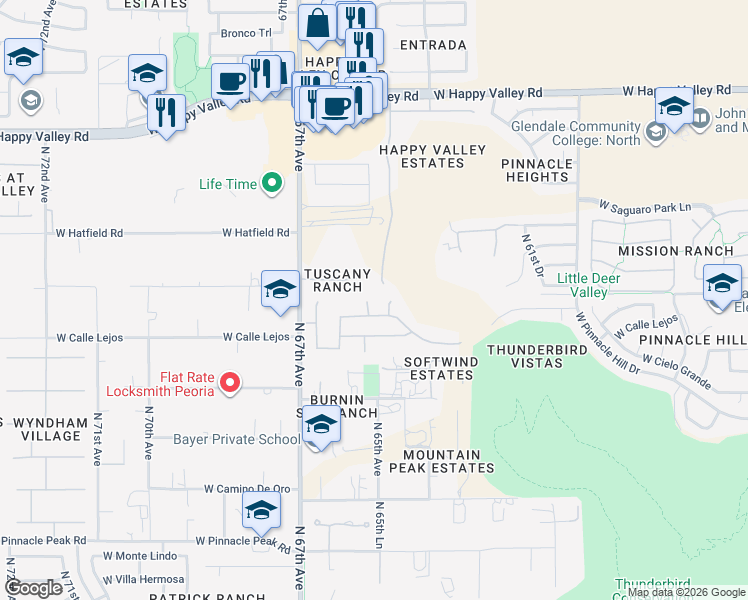 map of restaurants, bars, coffee shops, grocery stores, and more near 24027 North 65th Drive in Glendale