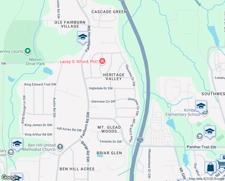 map of restaurants, bars, coffee shops, grocery stores, and more near 3550 Ingledale Drive Southwest in Atlanta
