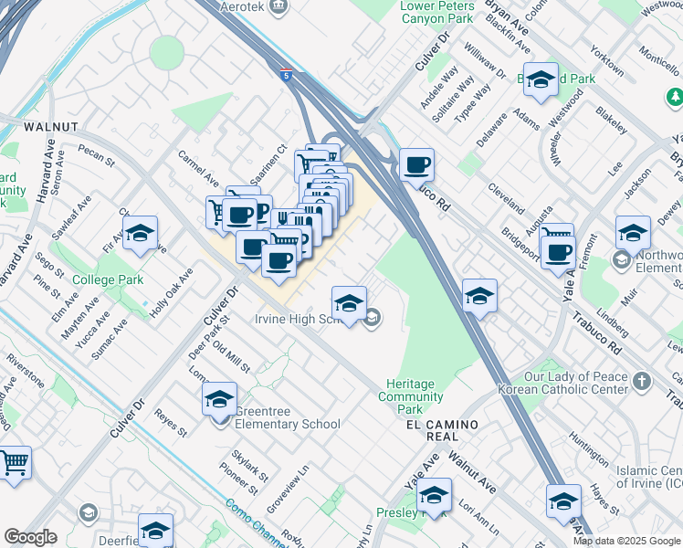 map of restaurants, bars, coffee shops, grocery stores, and more near 13 Elfin in Irvine