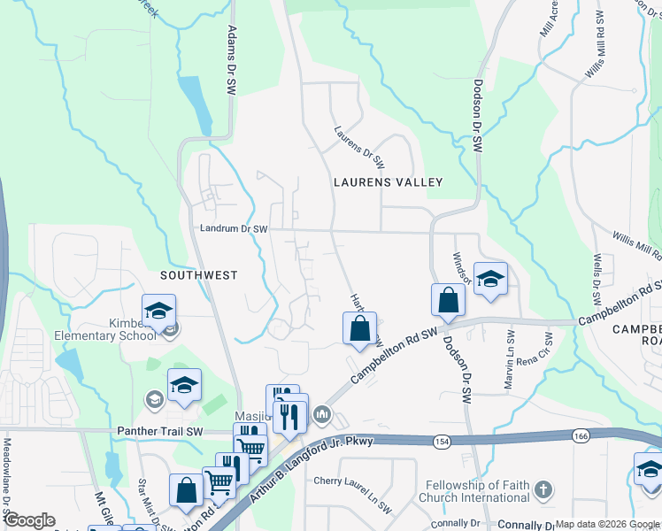 map of restaurants, bars, coffee shops, grocery stores, and more near 1847 Harbin Road Southwest in Atlanta