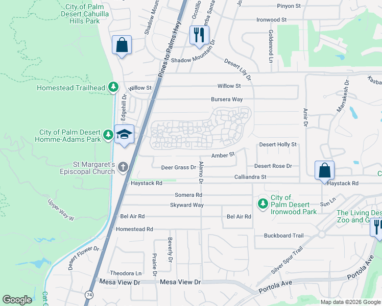 map of restaurants, bars, coffee shops, grocery stores, and more near 72950 Amber Street in Palm Desert