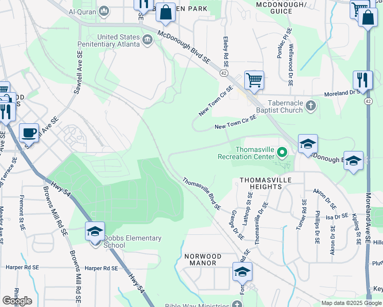 map of restaurants, bars, coffee shops, grocery stores, and more near 614 Thomasville Boulevard Southeast in Atlanta