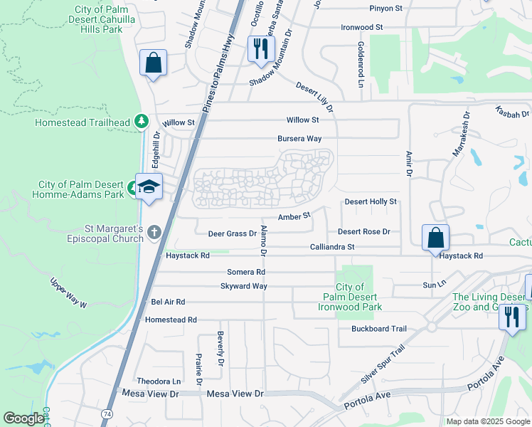 map of restaurants, bars, coffee shops, grocery stores, and more near 73010 Amber Street in Palm Desert