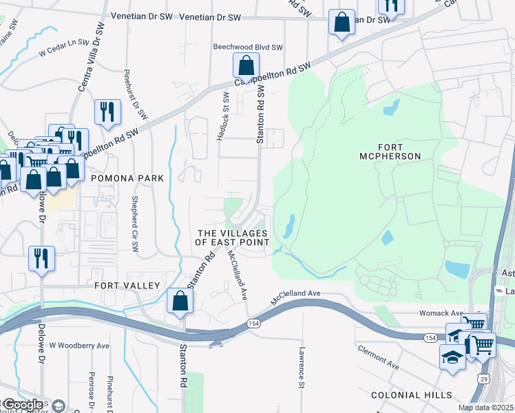 map of restaurants, bars, coffee shops, grocery stores, and more near 1894 Stanton Road in East Point