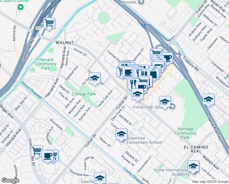 map of restaurants, bars, coffee shops, grocery stores, and more near 14581 Mulberry Avenue in Irvine