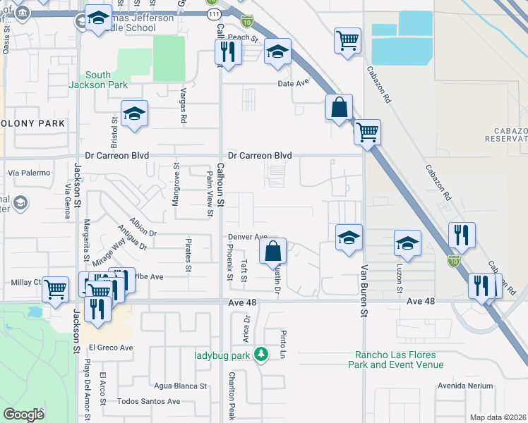 map of restaurants, bars, coffee shops, grocery stores, and more near 83651 Cardinal Avenue in Indio