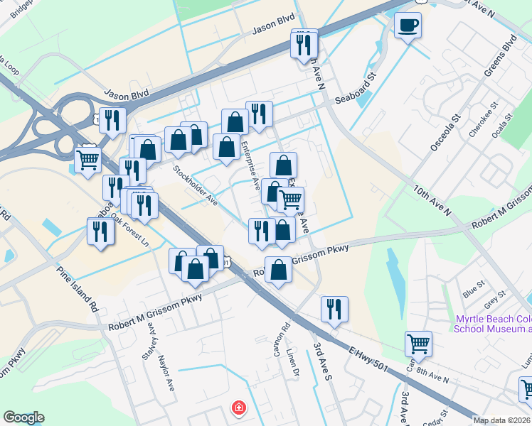 map of restaurants, bars, coffee shops, grocery stores, and more near Enterprise Avenue in Myrtle Beach