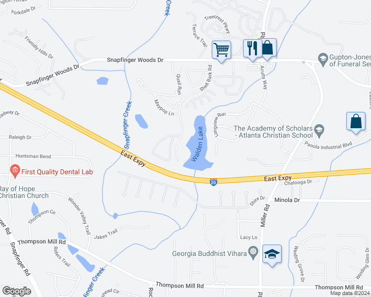 map of restaurants, bars, coffee shops, grocery stores, and more near 2802 Shellbark Road in Decatur