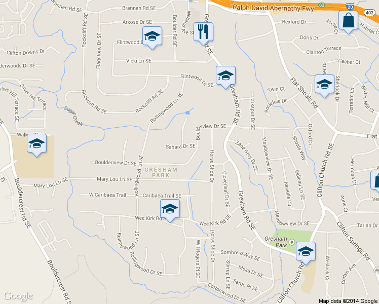 map of restaurants, bars, coffee shops, grocery stores, and more near 1932 Boulderview Drive Southeast in Atlanta