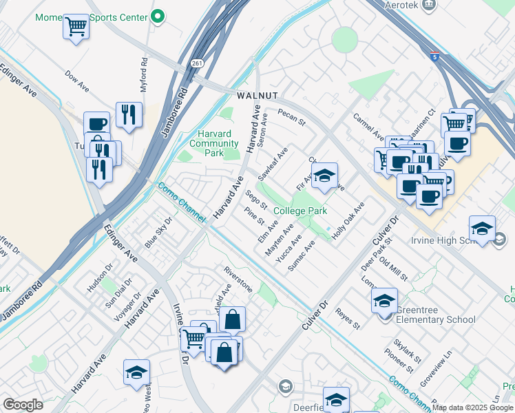 map of restaurants, bars, coffee shops, grocery stores, and more near 3596 Sego Street in Irvine