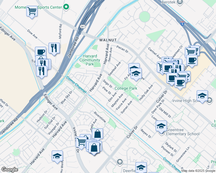 map of restaurants, bars, coffee shops, grocery stores, and more near 3596 Sego Street in Irvine