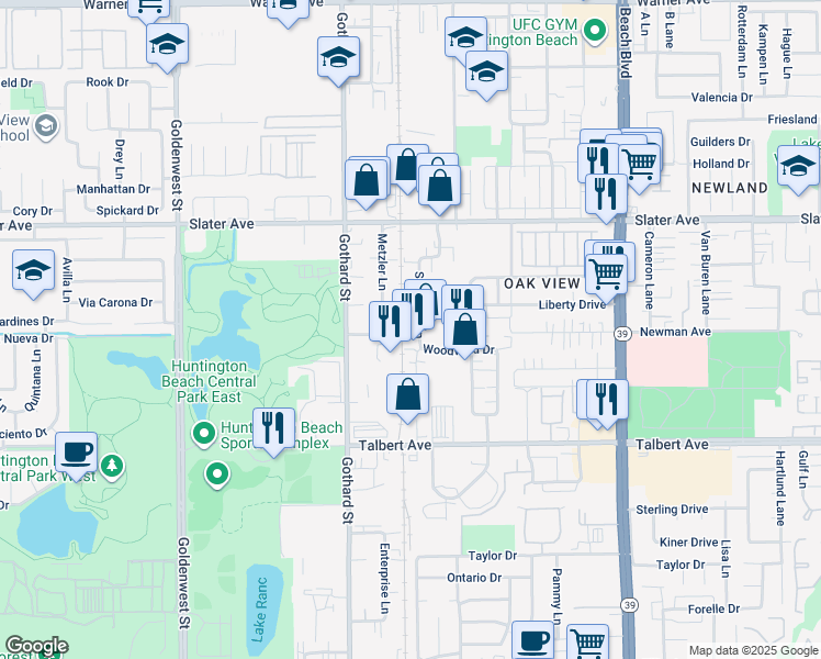 map of restaurants, bars, coffee shops, grocery stores, and more near 17751 Sampson Lane in Huntington Beach