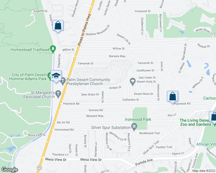map of restaurants, bars, coffee shops, grocery stores, and more near 73050 Amber Street in Palm Desert