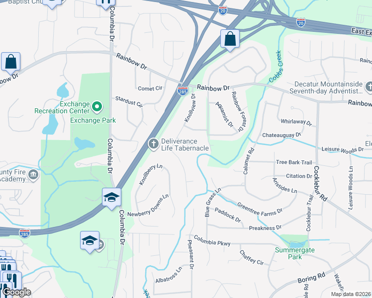 map of restaurants, bars, coffee shops, grocery stores, and more near 3529 Knollview Court in Decatur