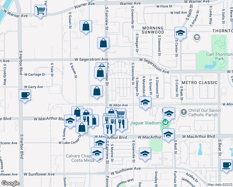 map of restaurants, bars, coffee shops, grocery stores, and more near 3101 South Fairview Street in Santa Ana