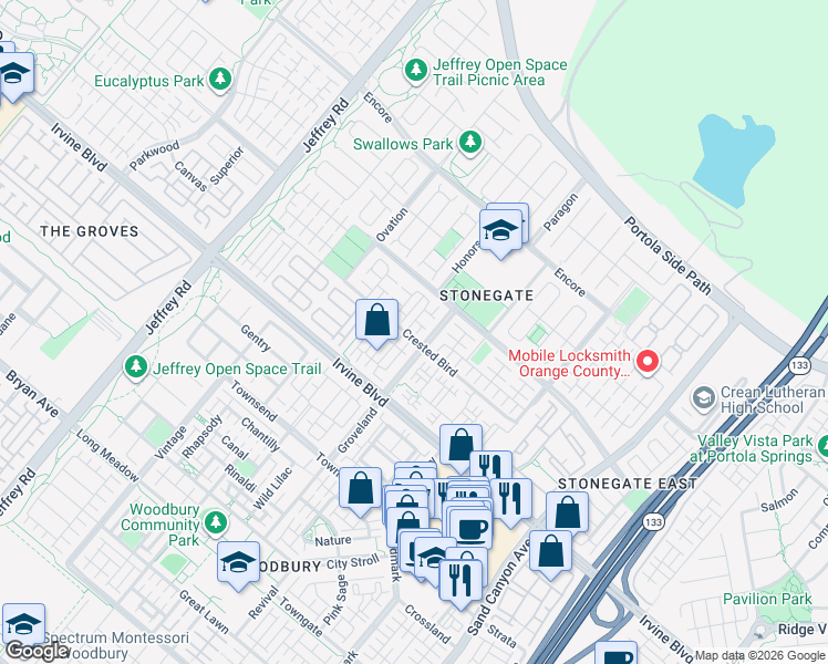 map of restaurants, bars, coffee shops, grocery stores, and more near 202 Kempton in Irvine