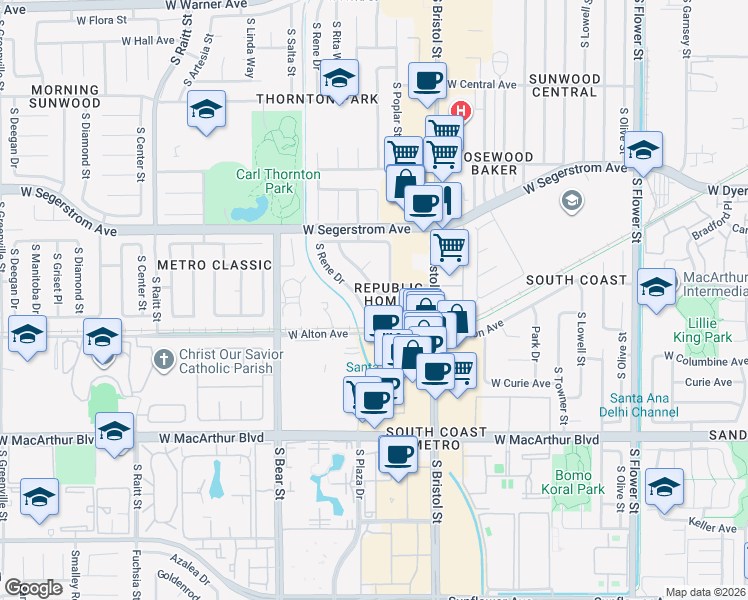map of restaurants, bars, coffee shops, grocery stores, and more near 3130 South Rita Way in Santa Ana