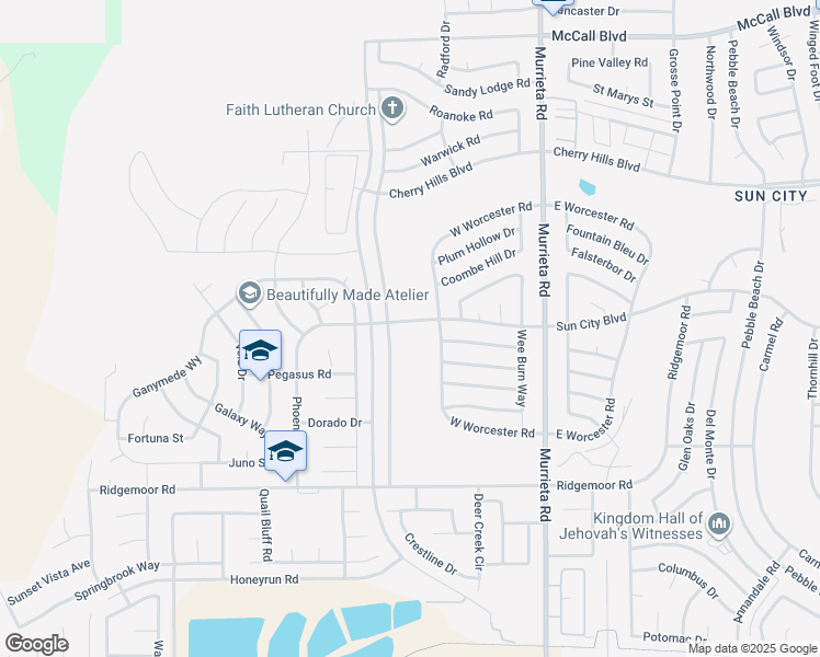 map of restaurants, bars, coffee shops, grocery stores, and more near 25681 Sun City Boulevard in Menifee