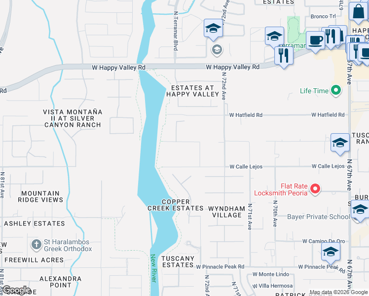 map of restaurants, bars, coffee shops, grocery stores, and more near 7387 West Villa Lindo in Peoria