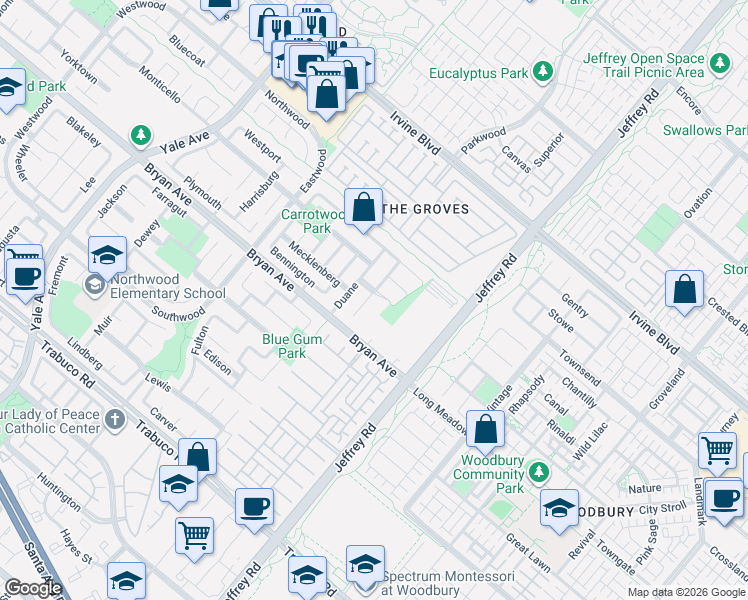 map of restaurants, bars, coffee shops, grocery stores, and more near in Irvine