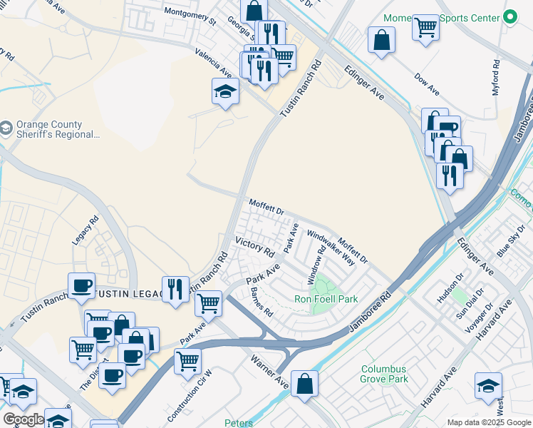 map of restaurants, bars, coffee shops, grocery stores, and more near 159 Waypoint in Tustin