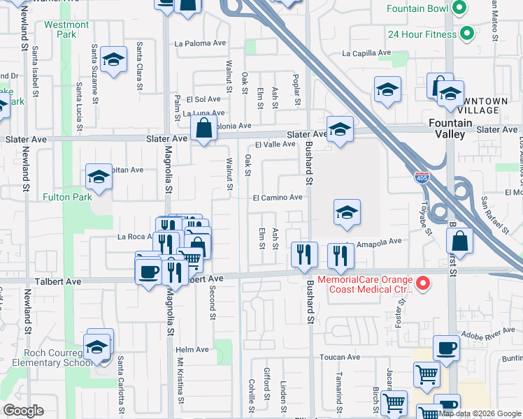 map of restaurants, bars, coffee shops, grocery stores, and more near 9331 La Cortinilla Avenue in Fountain Valley