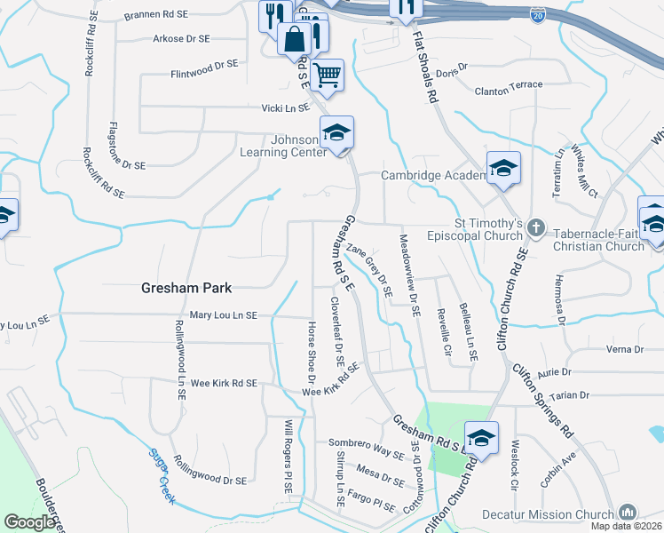 map of restaurants, bars, coffee shops, grocery stores, and more near 2831 Gresham Road South East in Atlanta