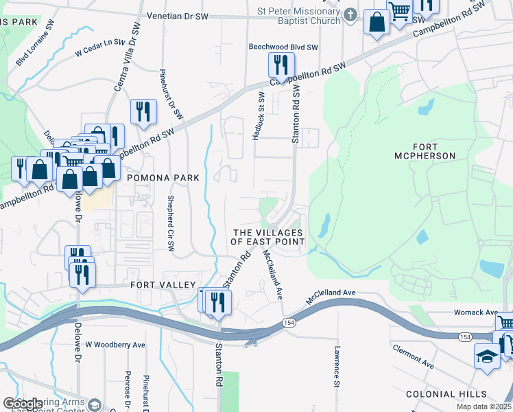 map of restaurants, bars, coffee shops, grocery stores, and more near 8918 Valley Drive in East Point