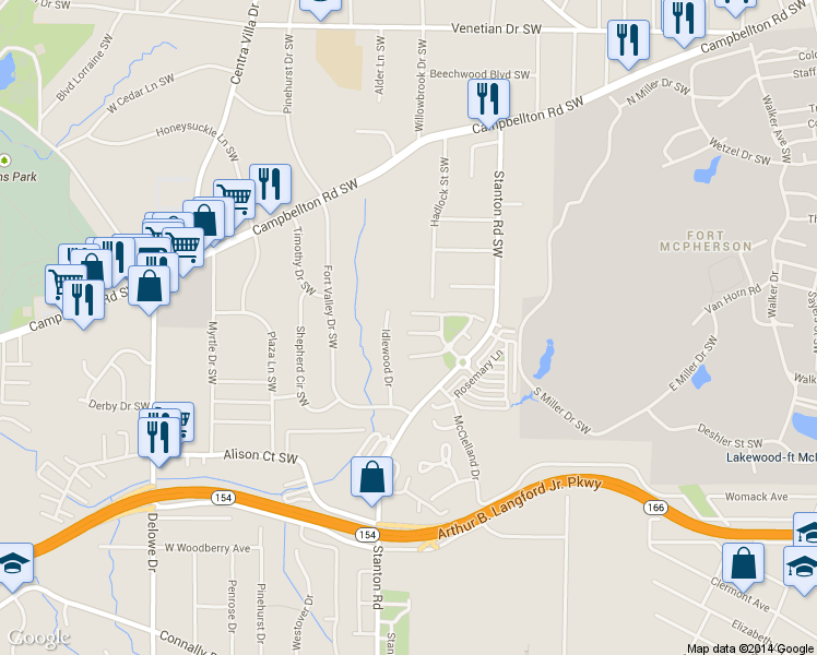 map of restaurants, bars, coffee shops, grocery stores, and more near 2253 Bayrose Circle in East Point