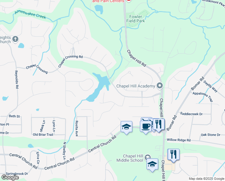 map of restaurants, bars, coffee shops, grocery stores, and more near 5053 Chapel Crossing Road in Douglasville