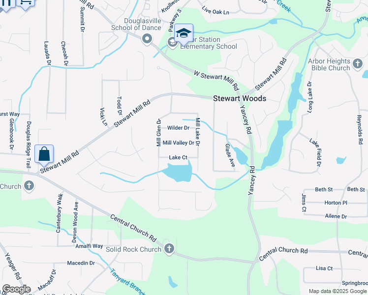map of restaurants, bars, coffee shops, grocery stores, and more near 5409 Mill Valley Drive in Douglasville