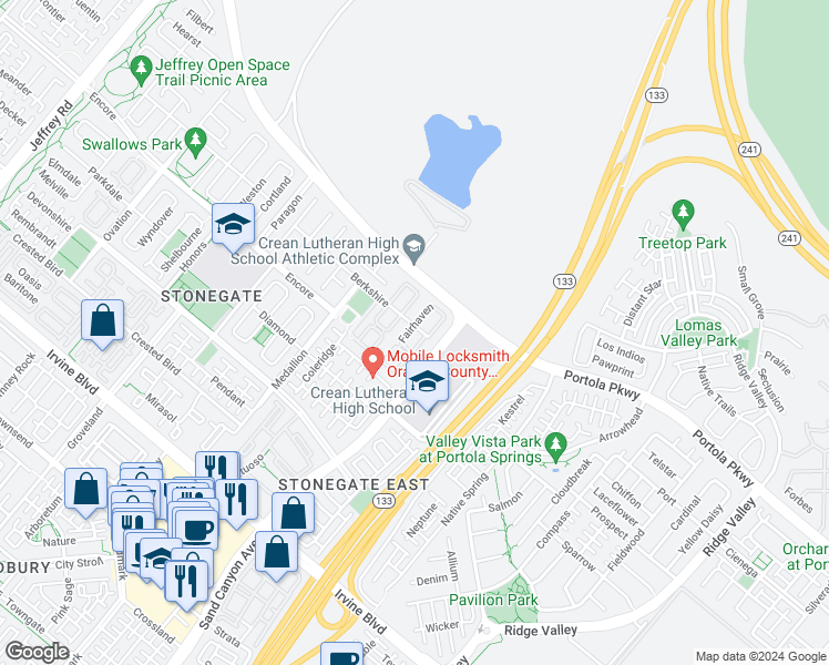 map of restaurants, bars, coffee shops, grocery stores, and more near 304 Berkshire in Irvine