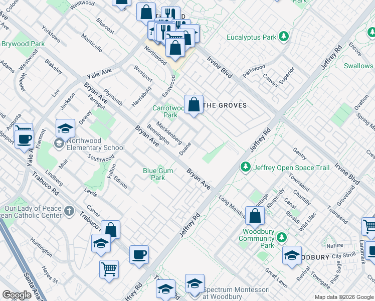 map of restaurants, bars, coffee shops, grocery stores, and more near 27 Duane in Irvine