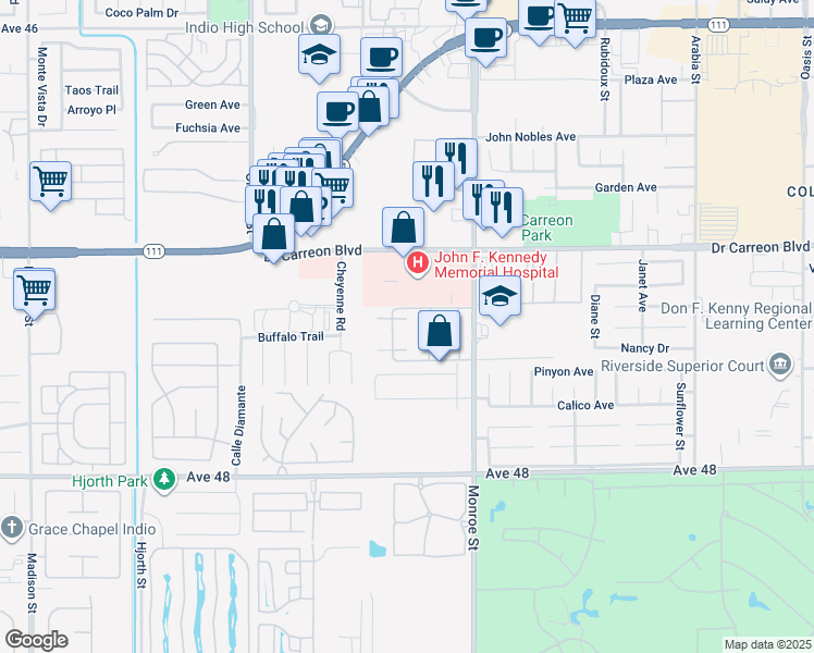 map of restaurants, bars, coffee shops, grocery stores, and more near 47395 Monroe Street in Indio