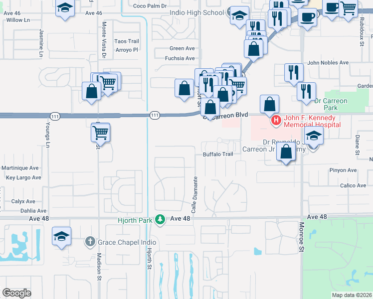 map of restaurants, bars, coffee shops, grocery stores, and more near 81419 Avenida Esmeralda in Indio