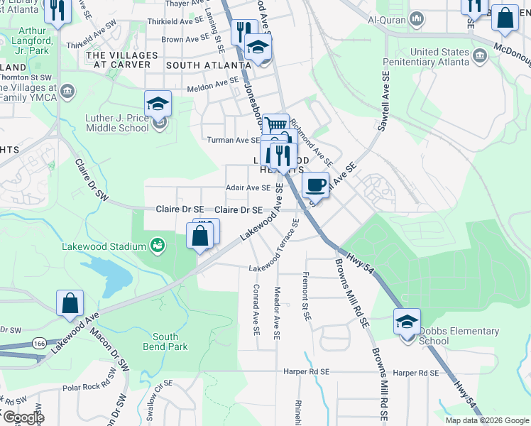 map of restaurants, bars, coffee shops, grocery stores, and more near 213 Claire Drive Southeast in Atlanta