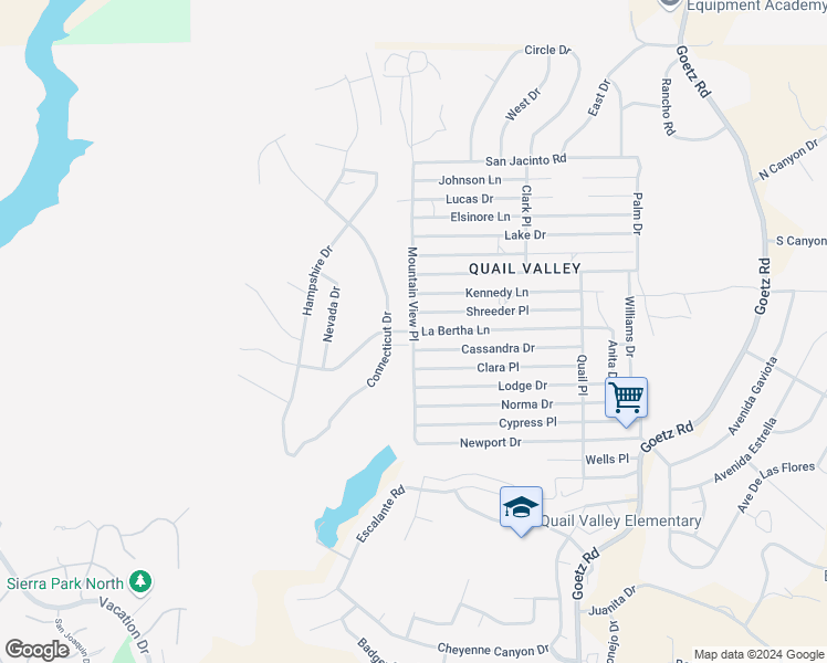 map of restaurants, bars, coffee shops, grocery stores, and more near La Bertha Lane in Menifee