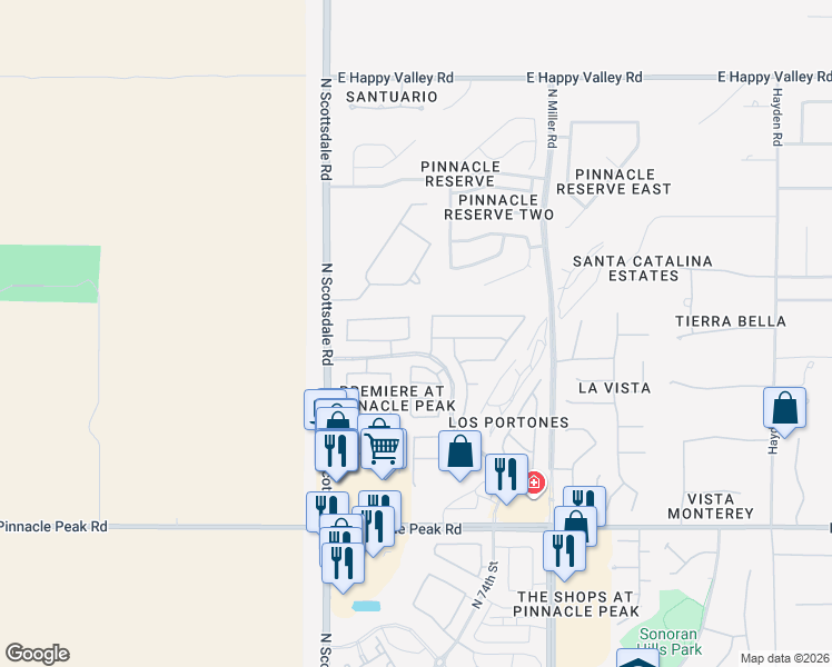 map of restaurants, bars, coffee shops, grocery stores, and more near 24057 North 73rd Place in Scottsdale
