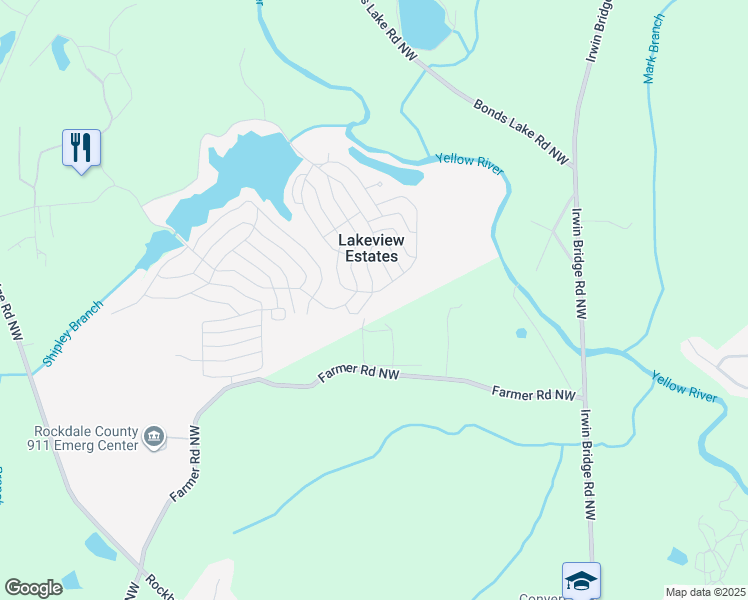 map of restaurants, bars, coffee shops, grocery stores, and more near 64 Crossland Drive Northwest in Conyers